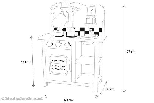 De formaten van de houten kinderkeuken.